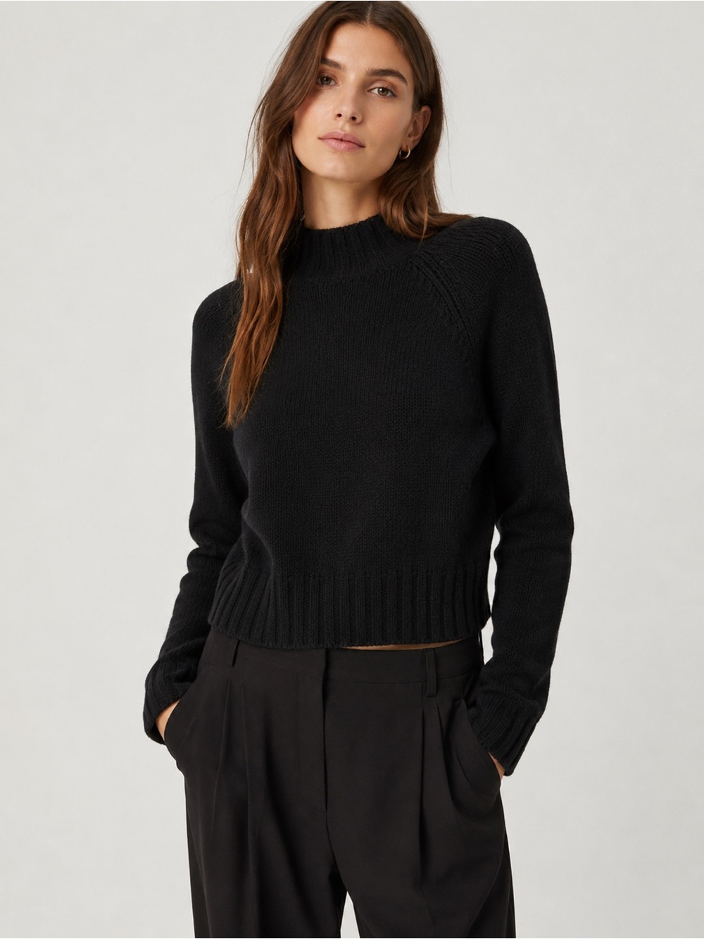 Vince 100% Cashmere Mock Neck Cropped Sweater Black Petite Small S/P‎